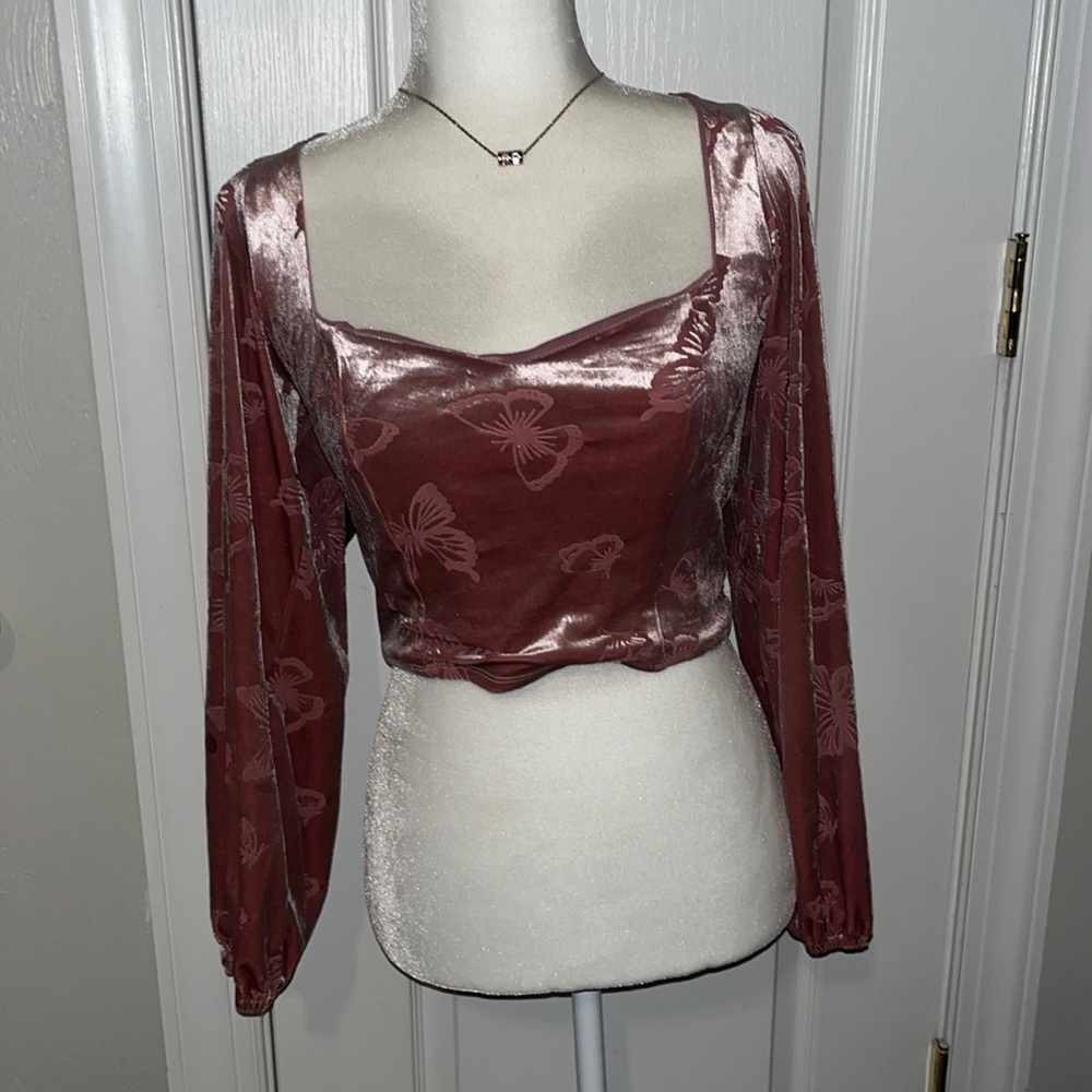 Altrd State Velvet Butterfly Cropped Shirt NWOT